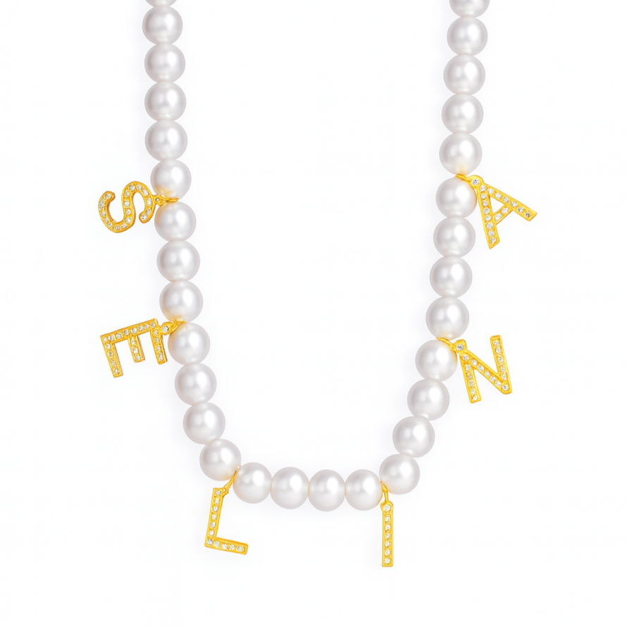 The Gold Chunky Elegant Pearl Name Necklace