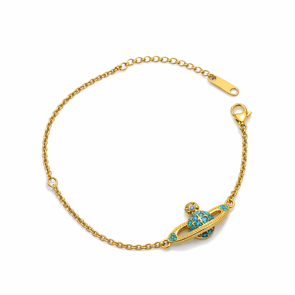 The Gold Turquoise Blue Sparkling Saturn Planet Bracelet