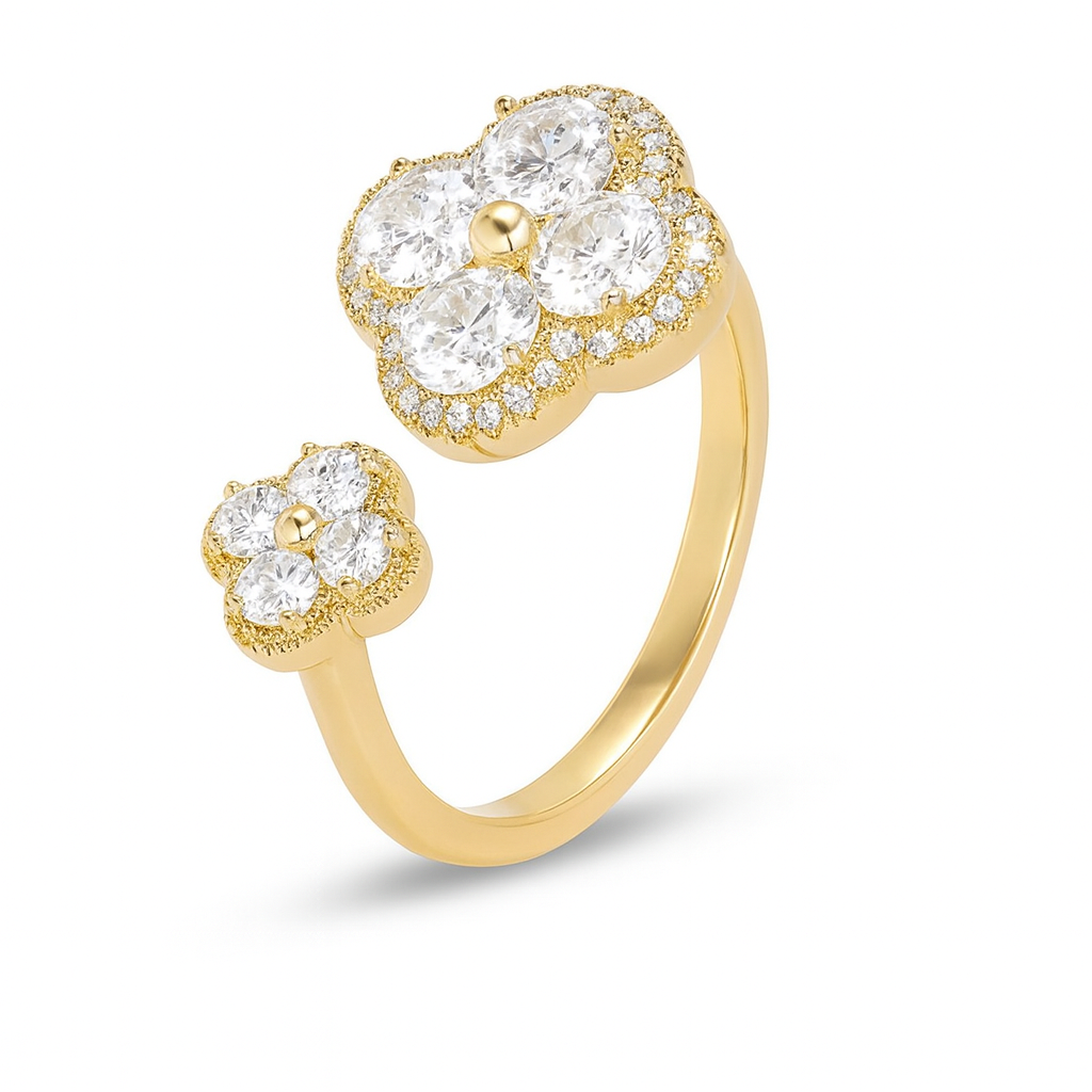 The Golden Encrusted Diamanté Ajustable Clover Flower Duo Ring