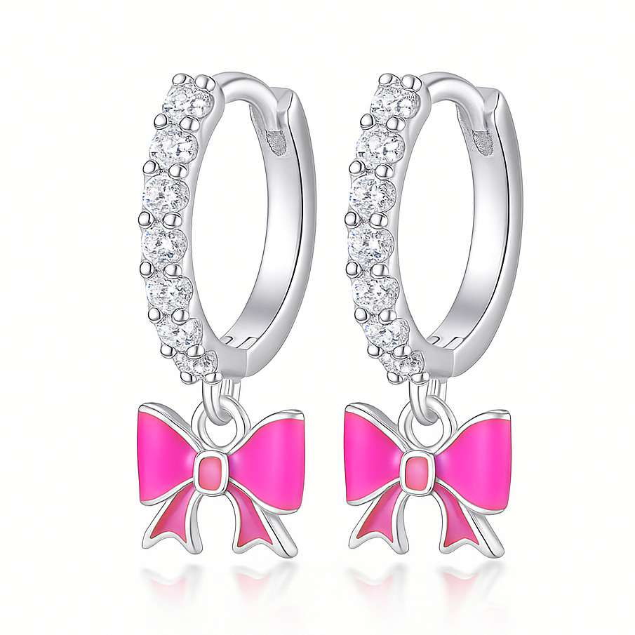 The Silver Rosette Hot Barbie Pink Bow Charm Huggies