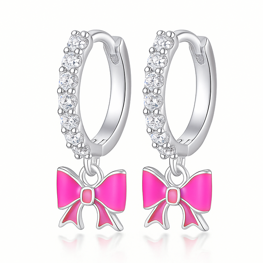 The Silver Rosette Barbie Pink Bow Charm Hoops
