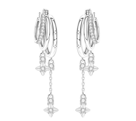 The Silver Triple Hoop Starfall Chain Earrings