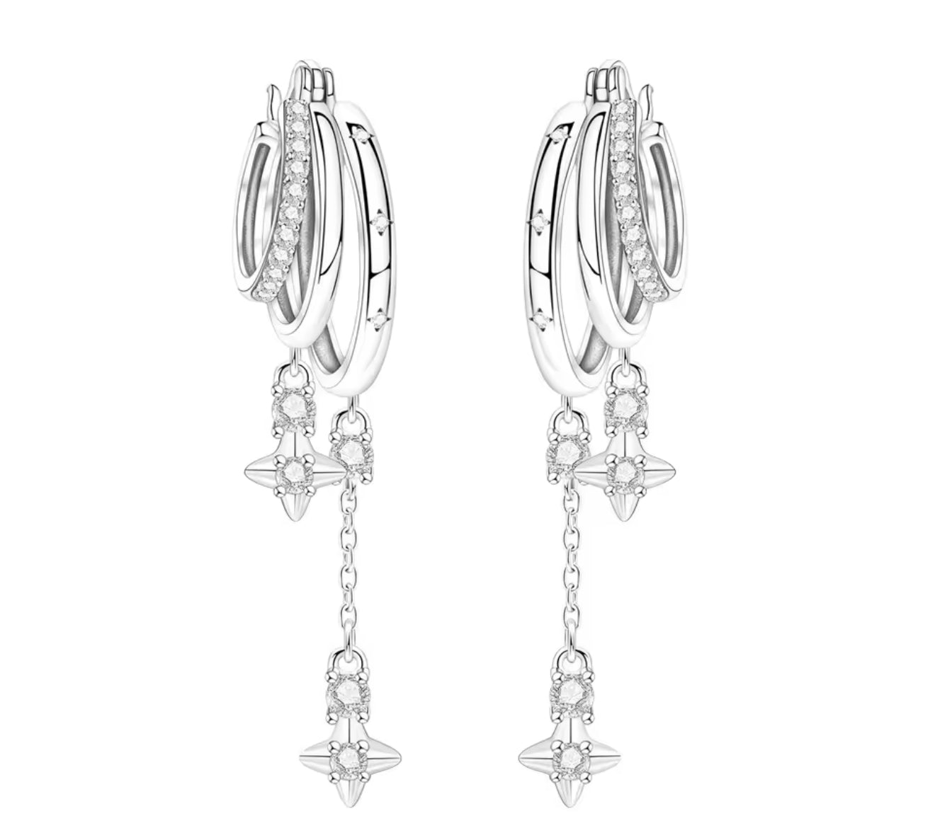 The Silver Triple Hoop Starfall Chain Earrings