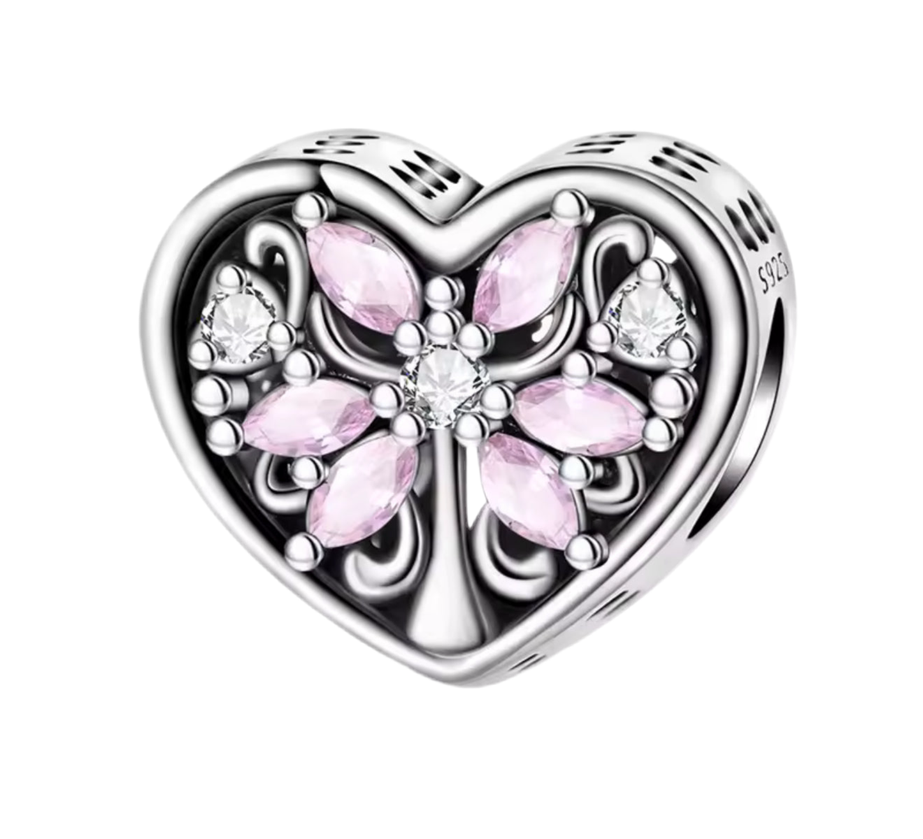The Silver Rosé Blooming Tree Heart Charm