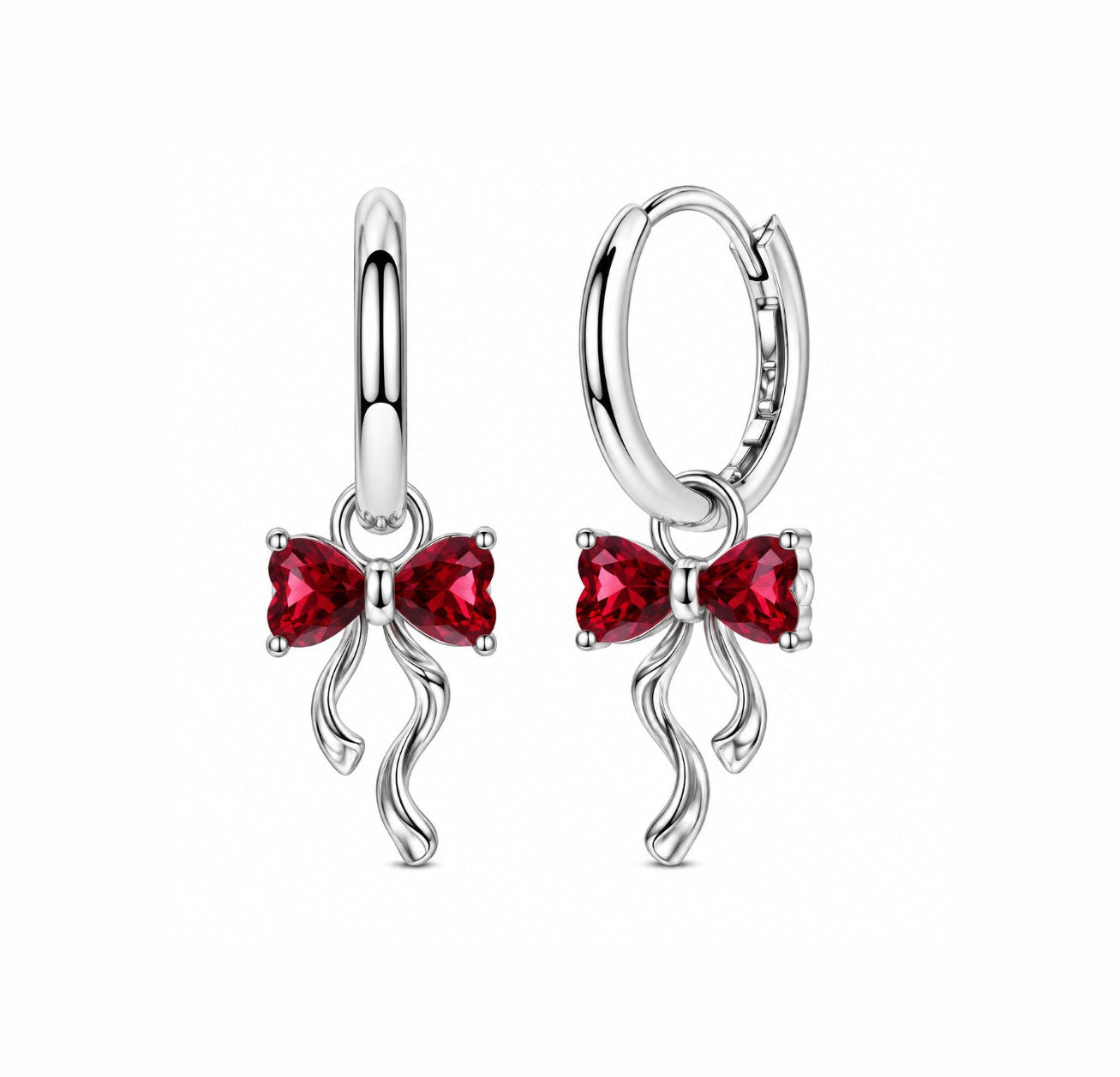 The Silver Ruby Red Ribbon Bow Grace Pendant Huggies