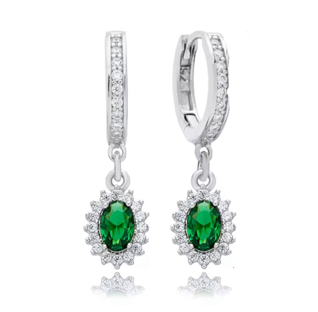The Silver Emerald Green Regal Halo Drop Earrings