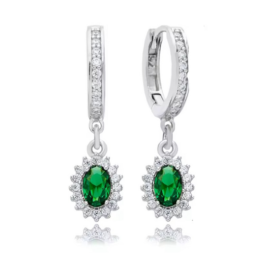 The Silver Emerald Green Regal Halo Drop Earrings