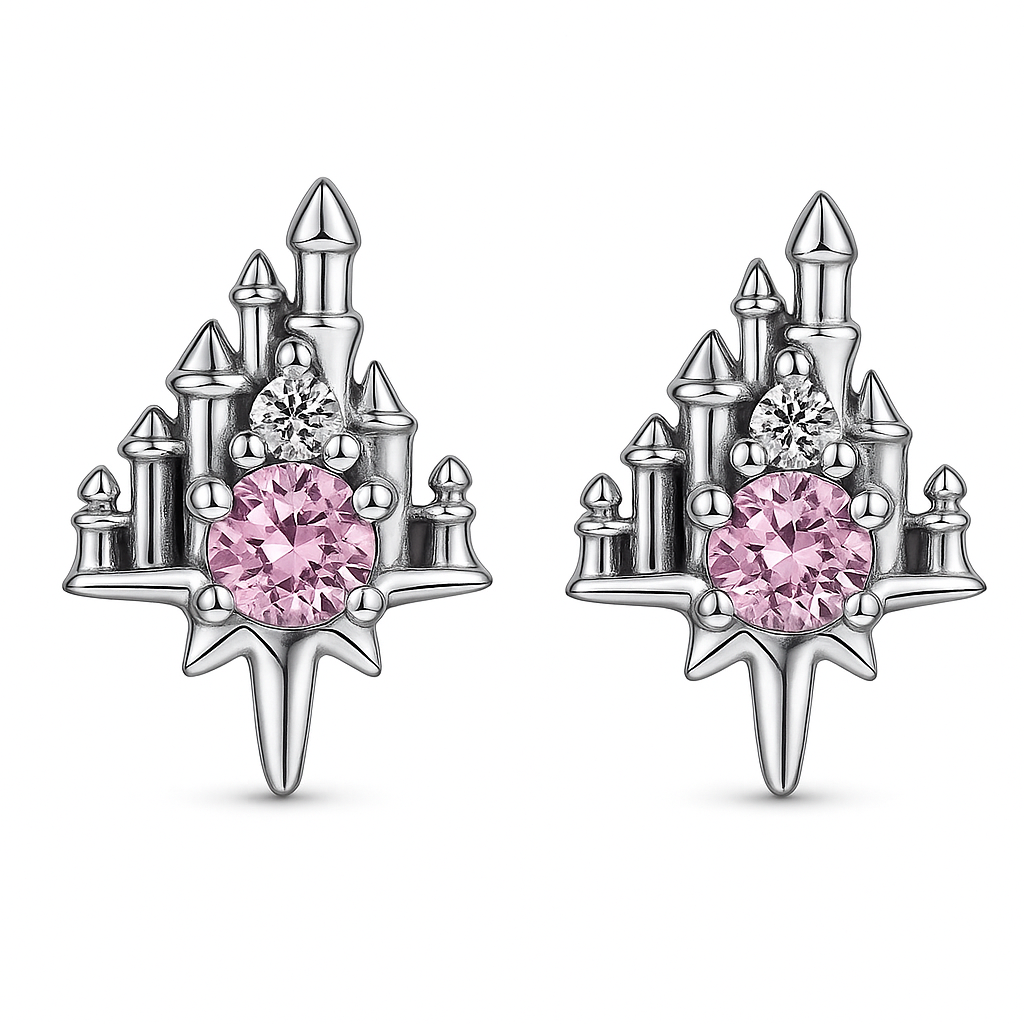 The Silver Enchanted Pink Castle Stud Earrings