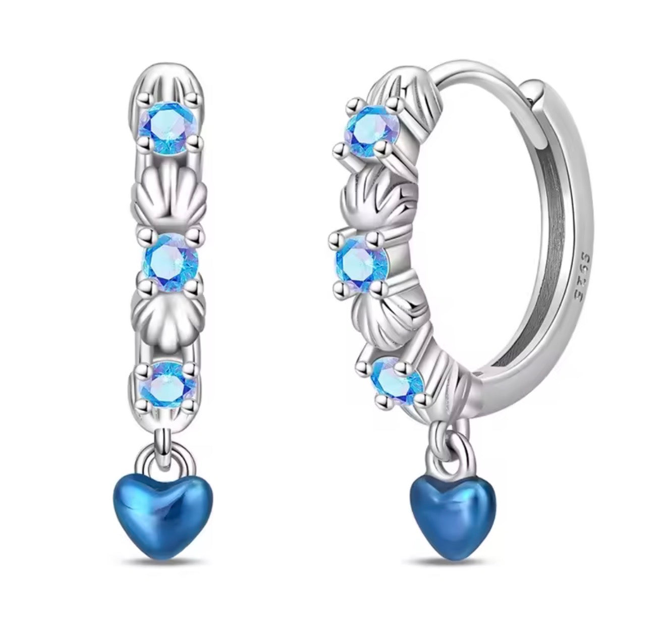 The Silver Ocean Blue Heart Shell Hoop Earrings