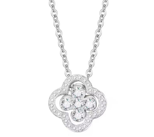 The Silver Sparkling Halo Pavé Clover Necklace
