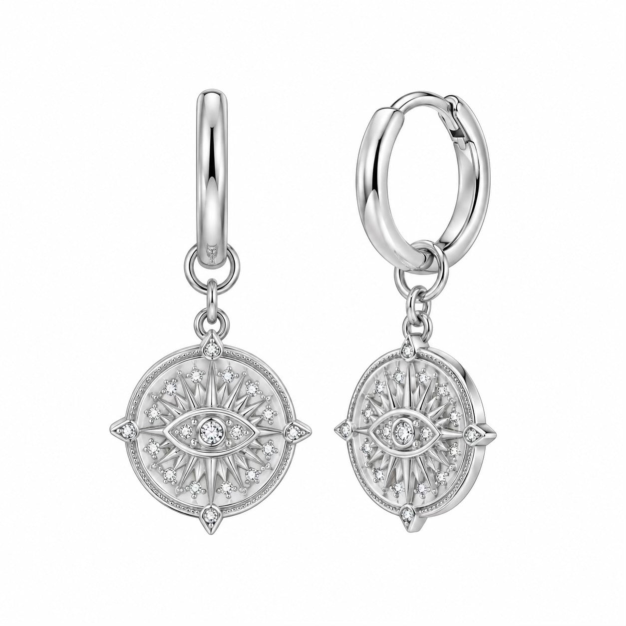 The Silver Sparkling Evil Eye Compass Huggies