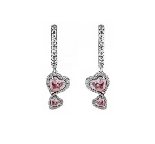 The Pink Sparkling Double Heart Drop Earrings