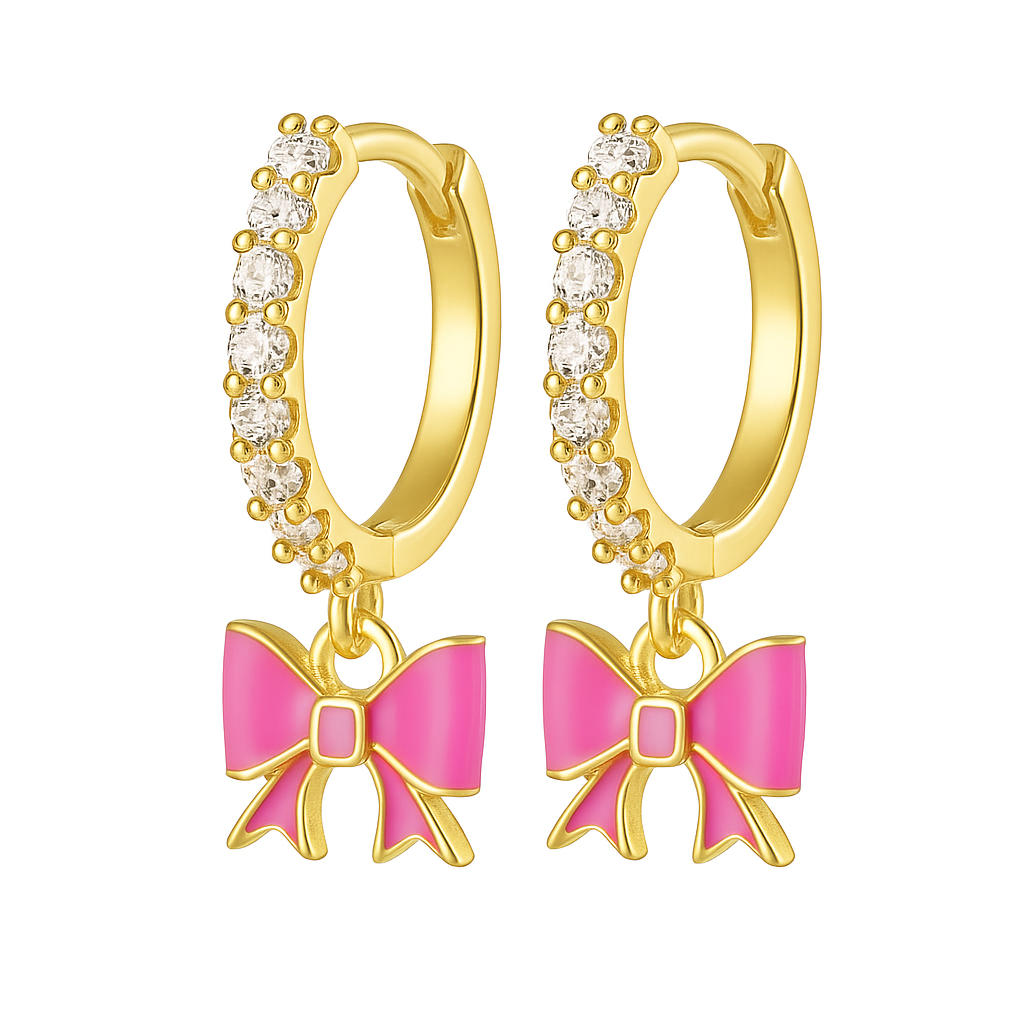 The Gold Rosette Barbie Pink Bow Charm Hoops