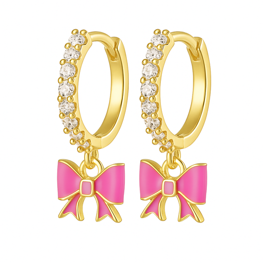 The Gold Rosette Barbie Pink Bow Charm Hoops