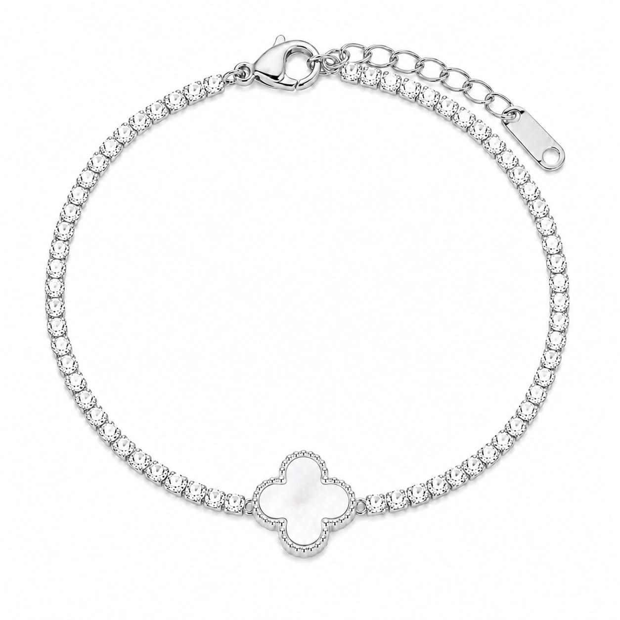 The Silver Sparkling Pearl White Arabia Clover Tennis Bracelet