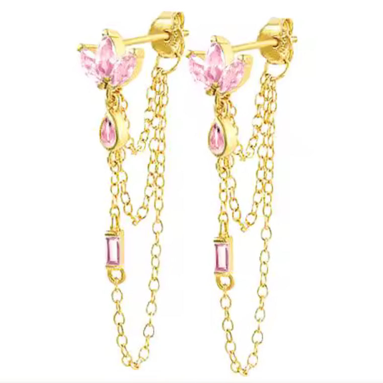 The Gold Angelic Pink Floral Flower Stud Drape Earrings