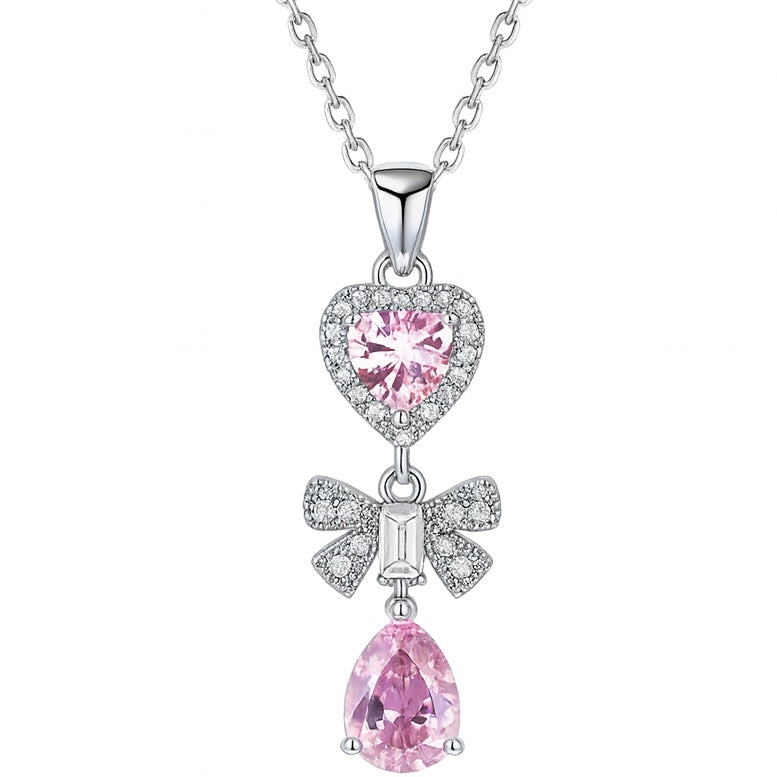 The Sparkling Silver Pink Heart Drop Bow Necklace