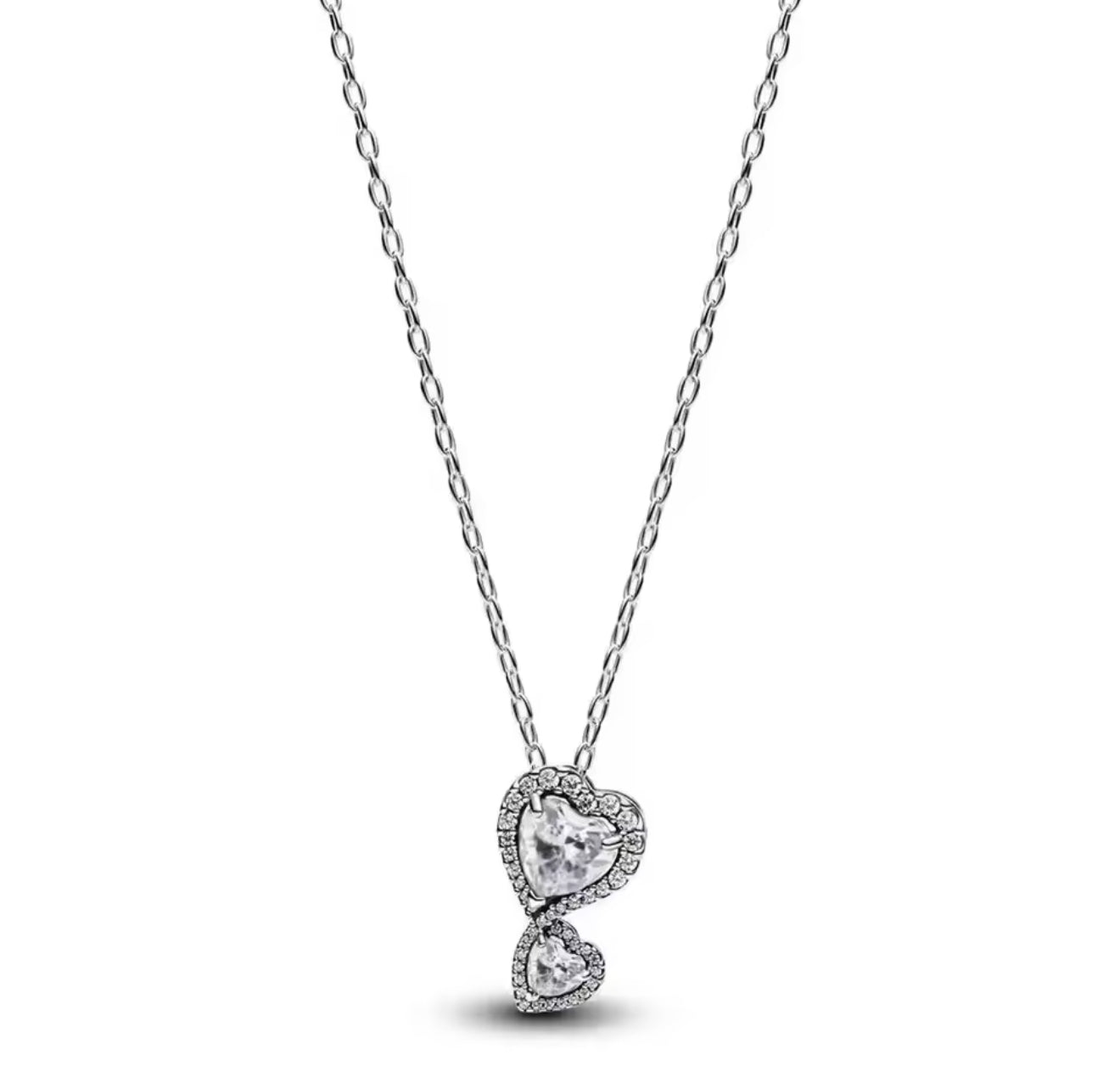 The Silver Sparkling Double Heart Drop Necklace
