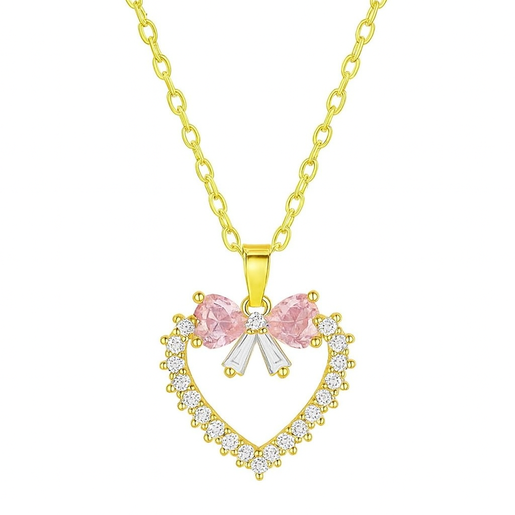 The Gold Sparkling Pink Bow Heart Reef Necklace