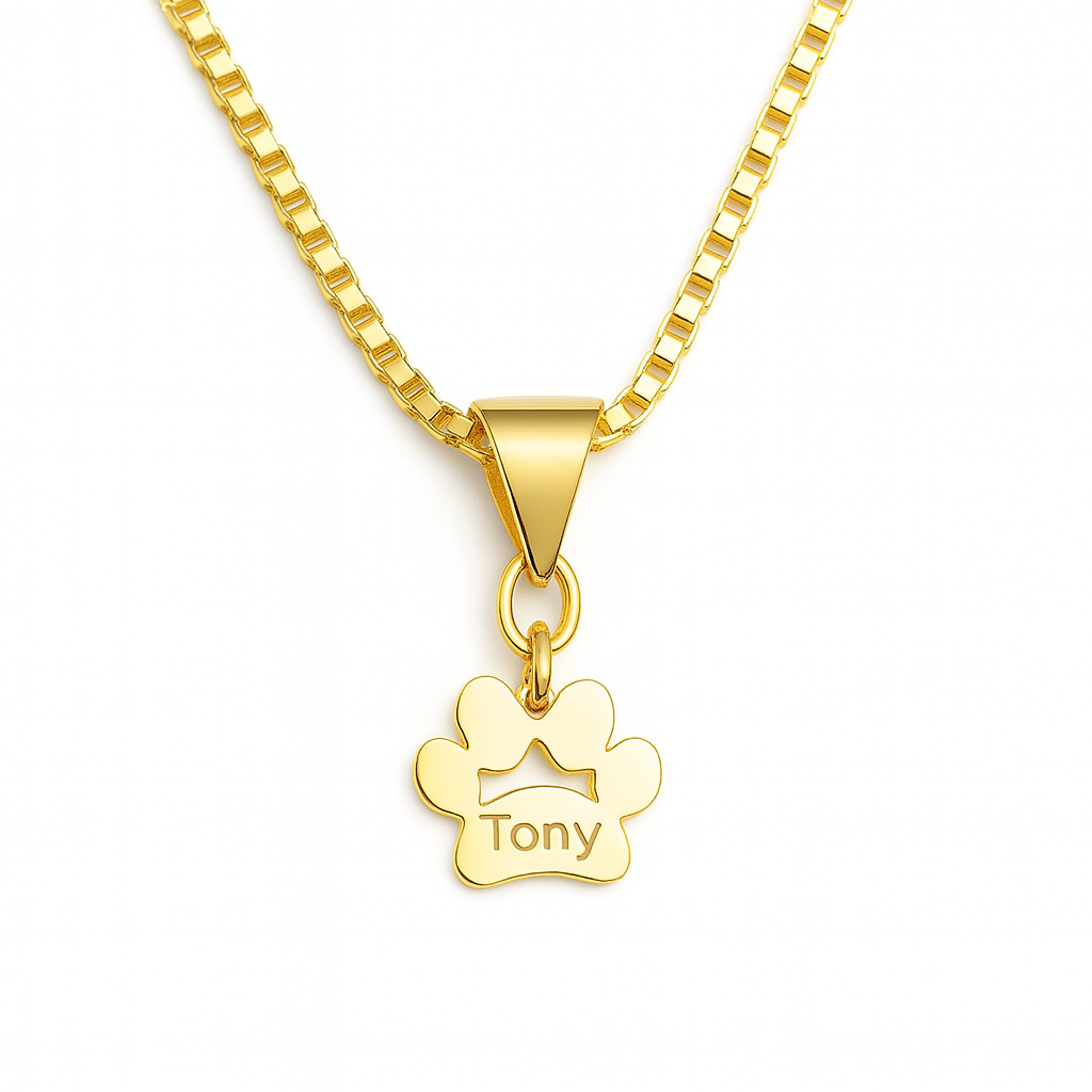 The Gold Man’s Best Friend Dog Paw Print Name Necklace