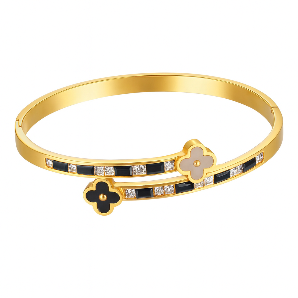 The Golden Black And White Intertwined Clover Flower Bangle