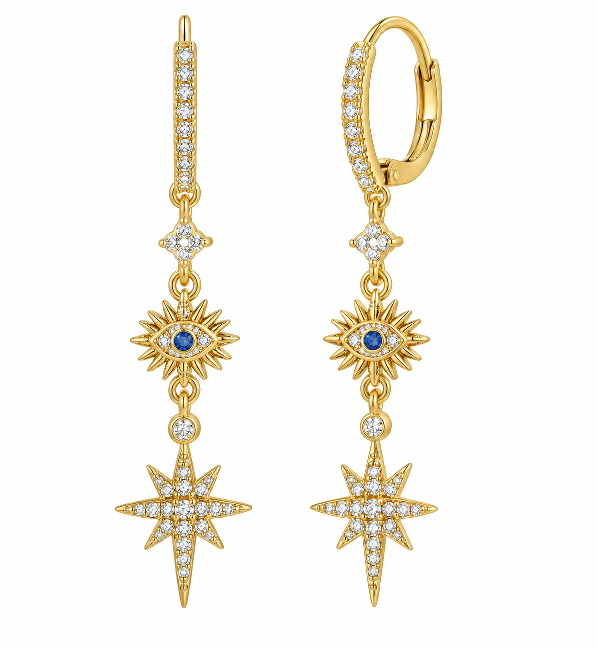 The Gold Luxury Evil Eye North Star Dangle Huggies