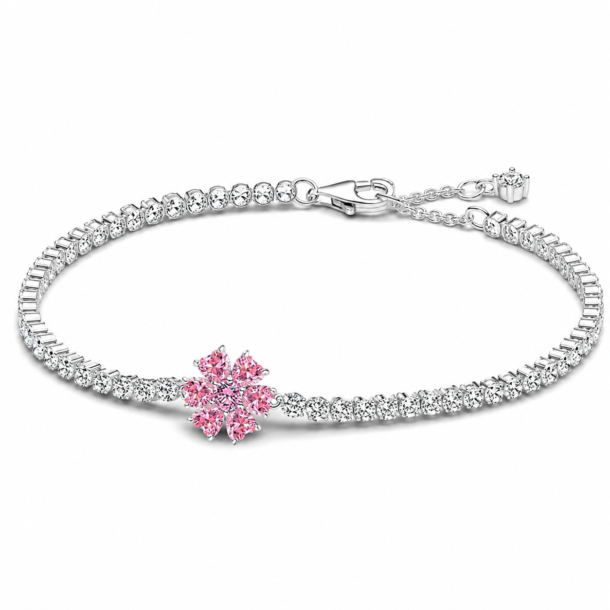 The Silver Sparkling Pink Cherry Blossom Flower Tennis Bracelet