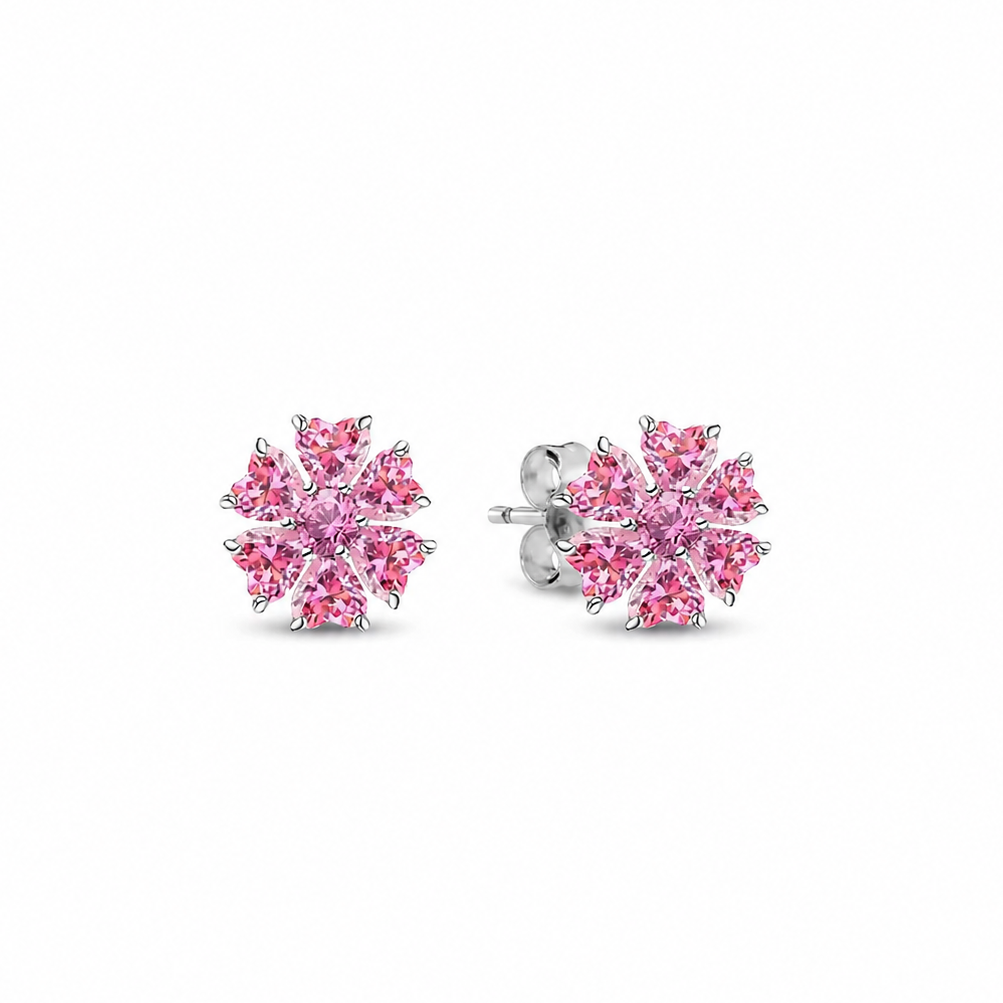 The Silver Sparkling Pink Cherry Blossom Flower Studs