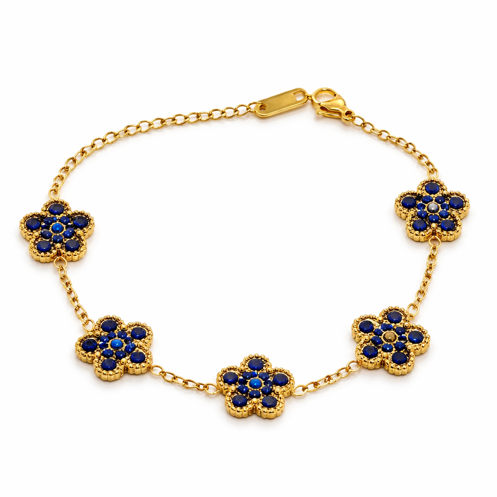 The Gold Sparkly Royal Blue Flower Bloom Bracelet