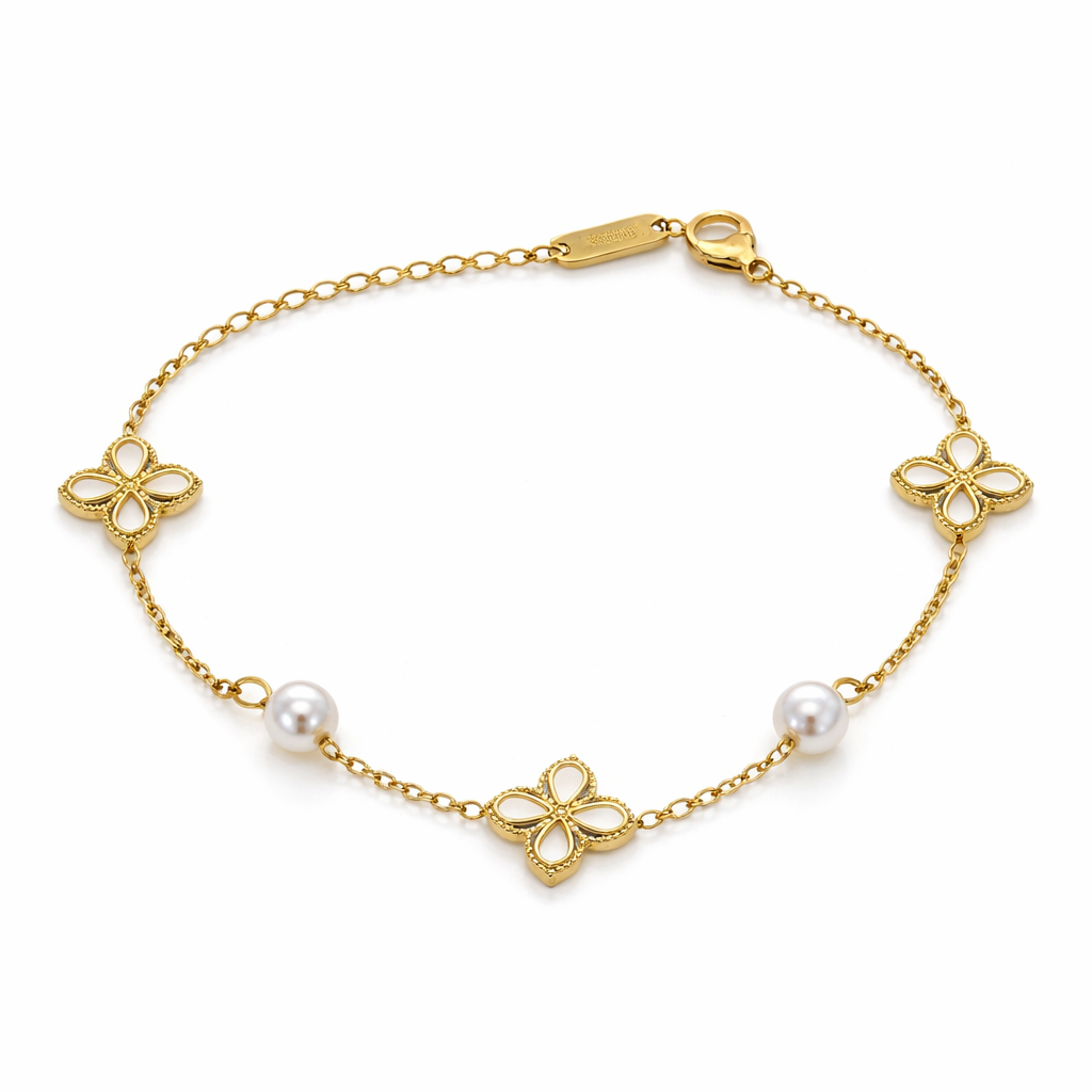 The Gold Pearl White Flower Petals Bracelet