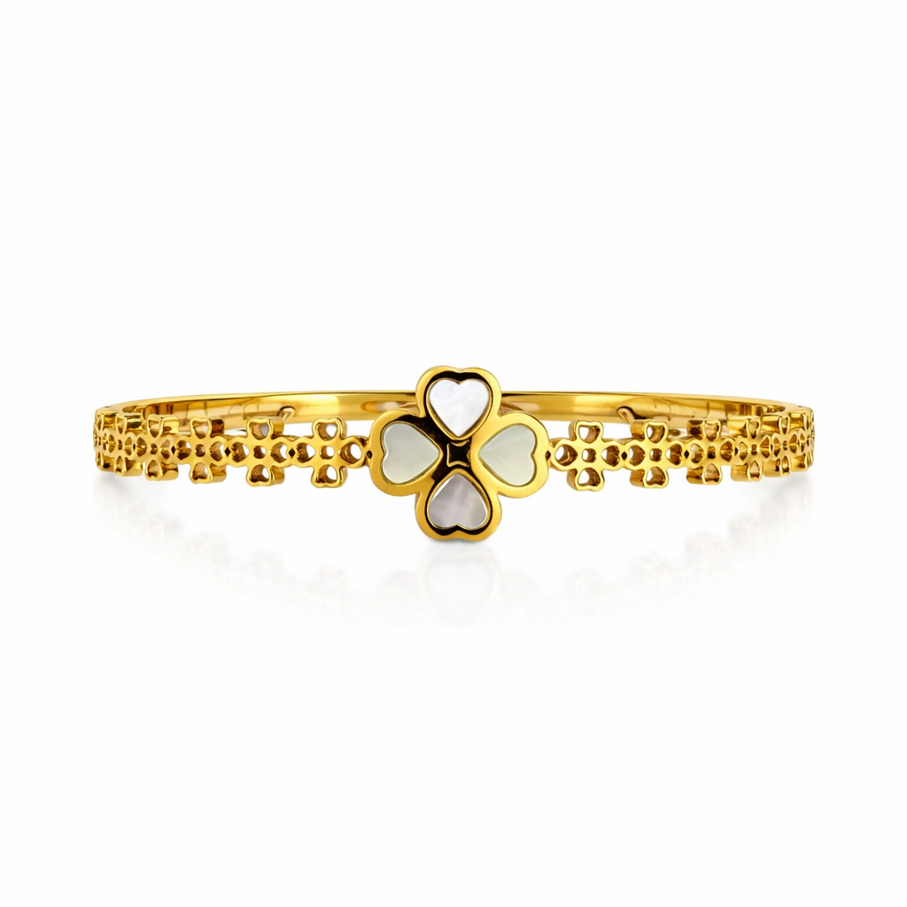 The Gold Chunky Pearlescent White Clover Flower Bangle