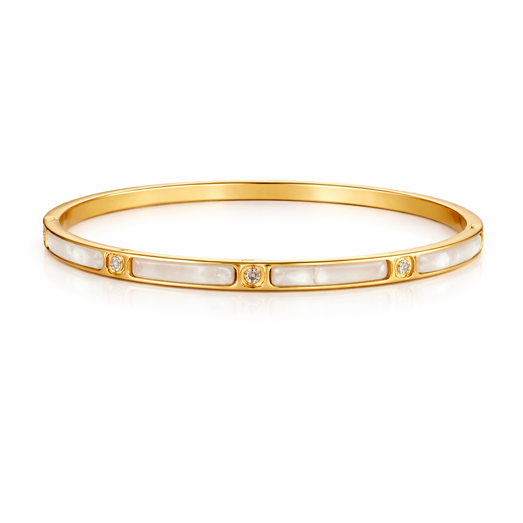 The Gold Dainty Pearlescent White Gemstone Bangle