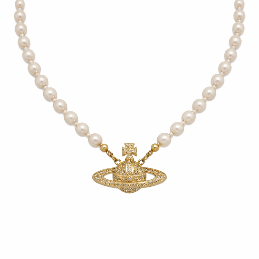 The Gold Saturn Planet Pearl Necklace