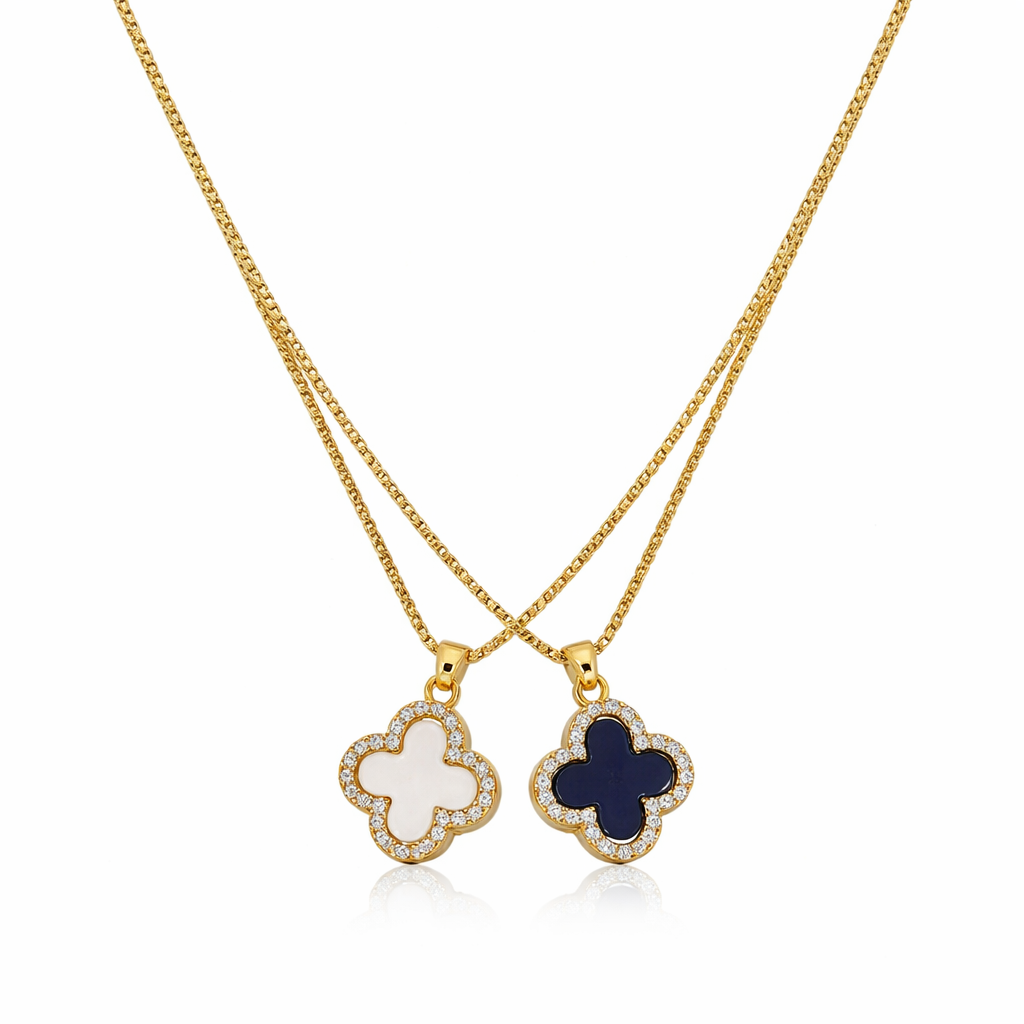 The Gold Sparkling Two Sided Black & White Clover Necklace