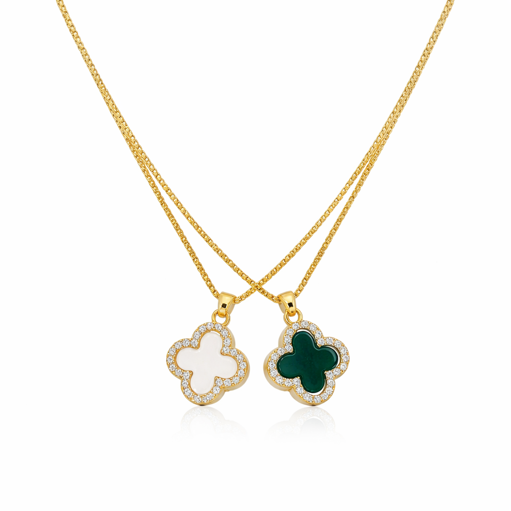 The Gold Sparkling Two Sided Green & White Clover Necklace