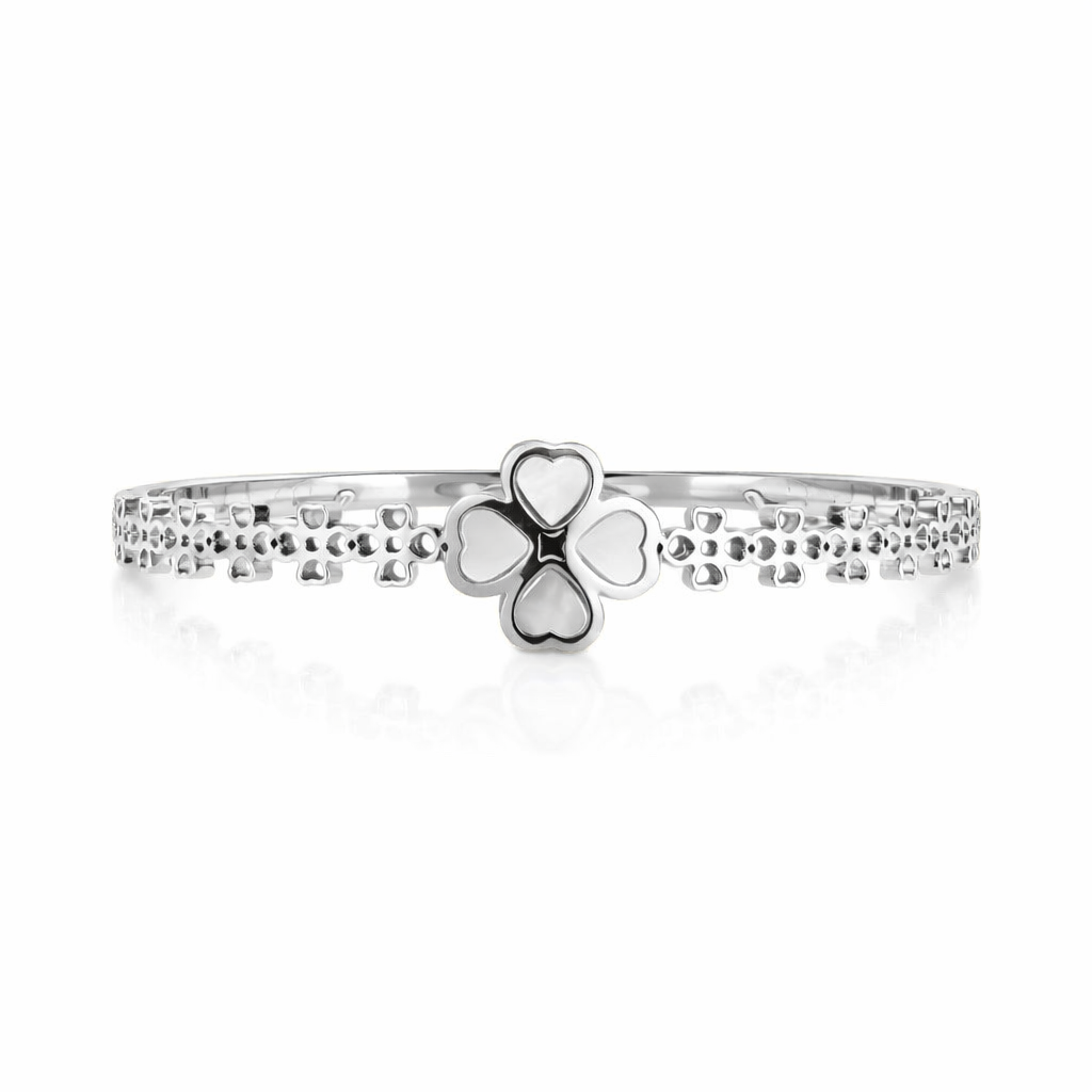The Silver Chunky Pearlescent White Clover Bangle