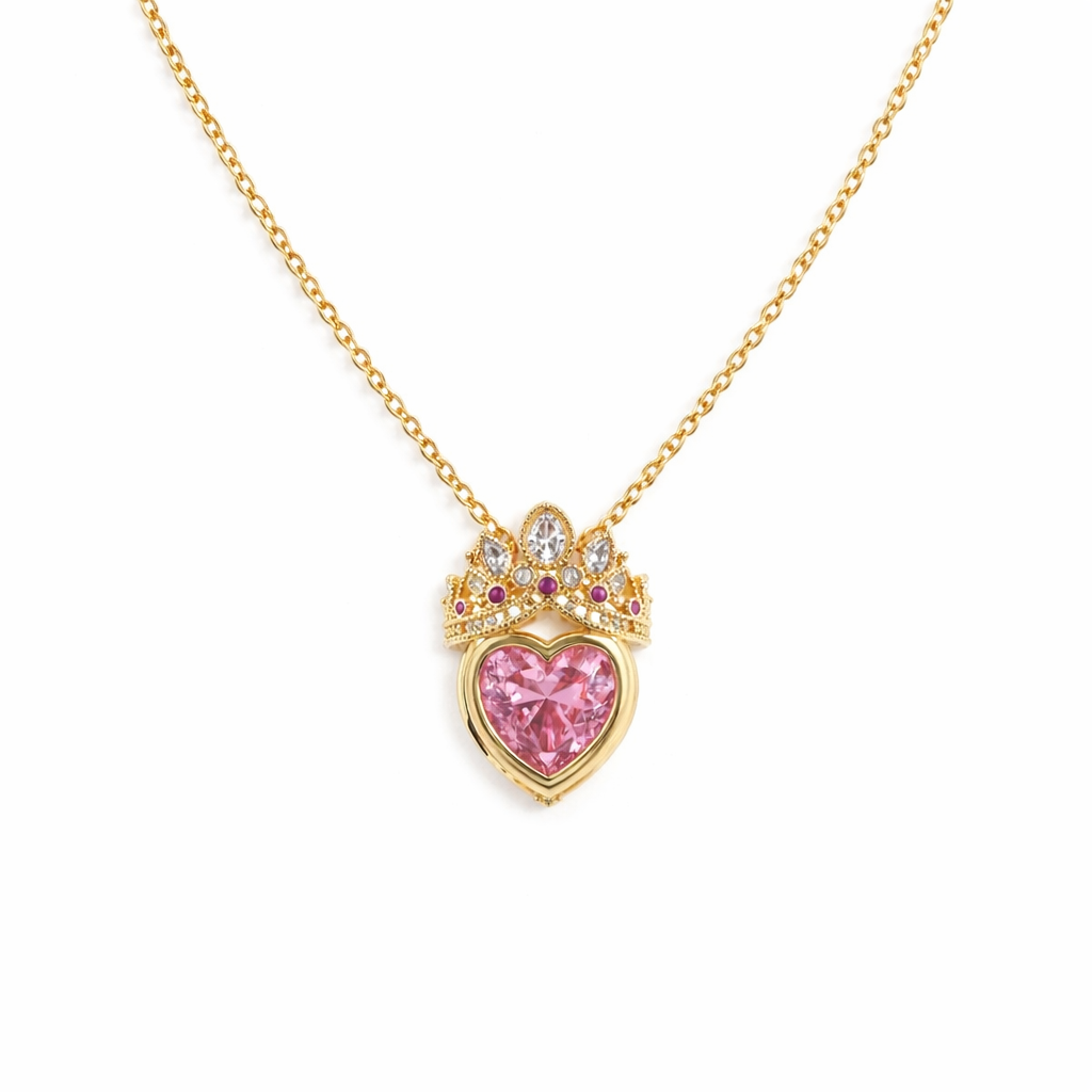 The Gold Aurora Pink Princess Heart Crown Necklace