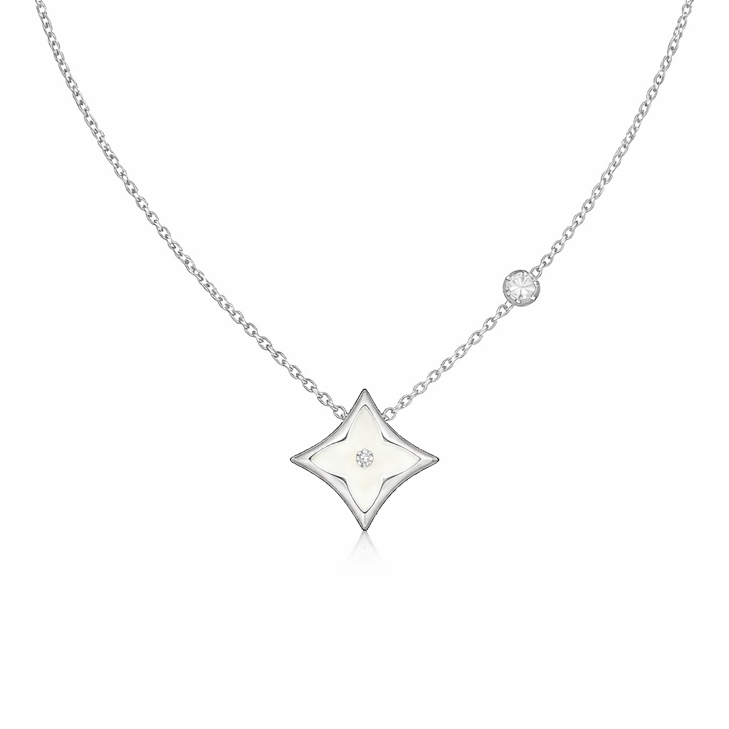The Silver Pearly White Adriana Diamond Flower Necklace