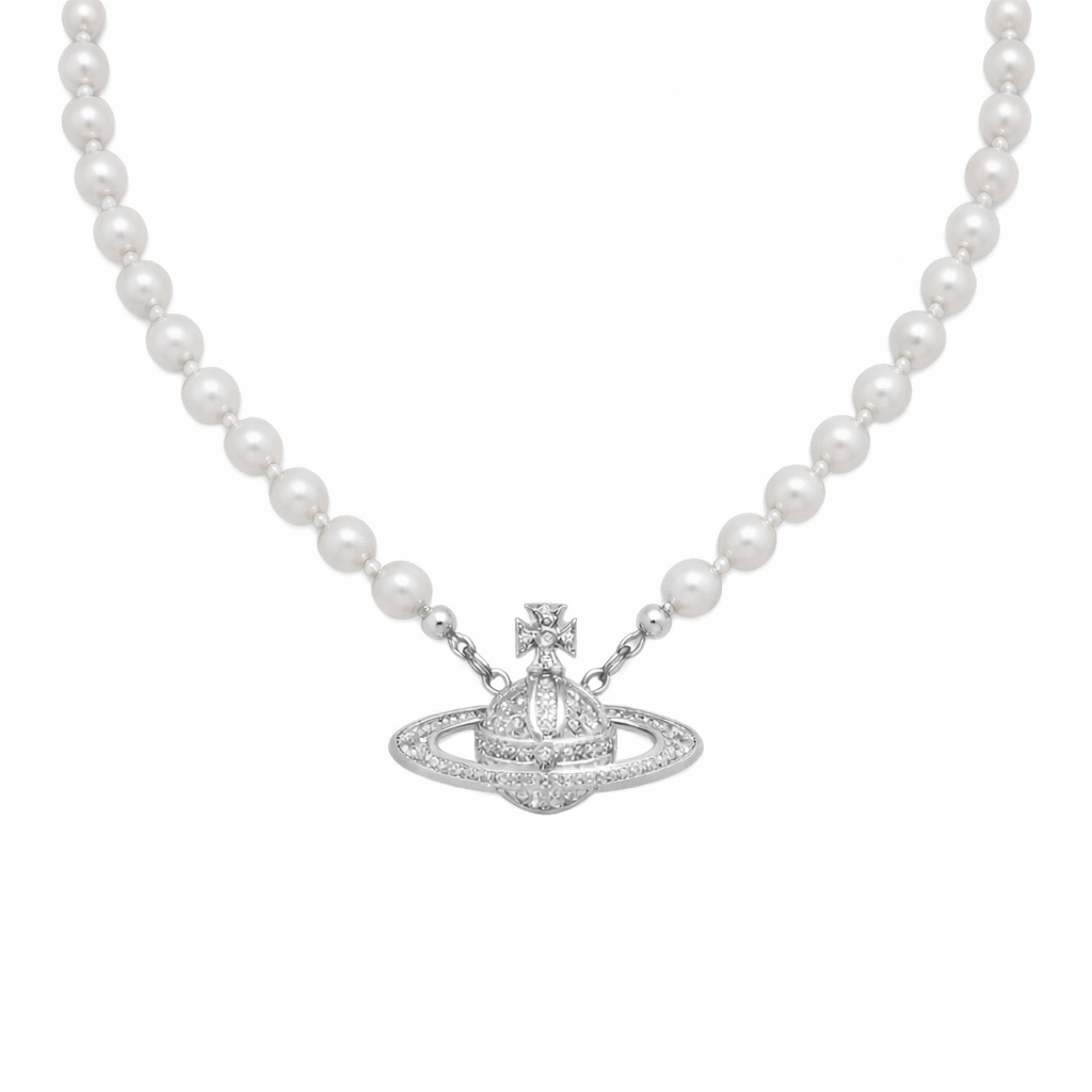 The Silver Saturn Planet Pearl Necklace
