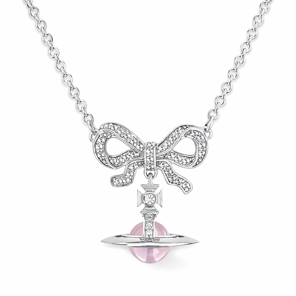 The Silver Sparkling Baby Pink Bow Planet Neckace