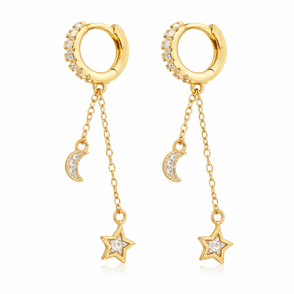 The Gold Star And Moon Dangle Studs