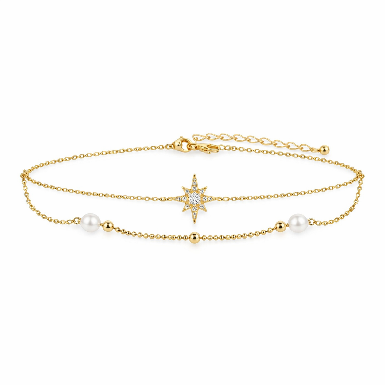 The Gold Dainty Double North Star Pearl Layered Stack Anklet