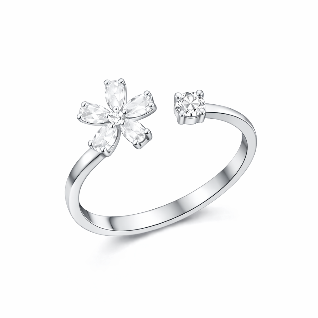 The Silver Double Sparkle Flower Adjustable Ring