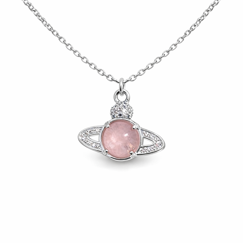 The Silver Baby Pink Orbit 3D Saturn Planet Necklace