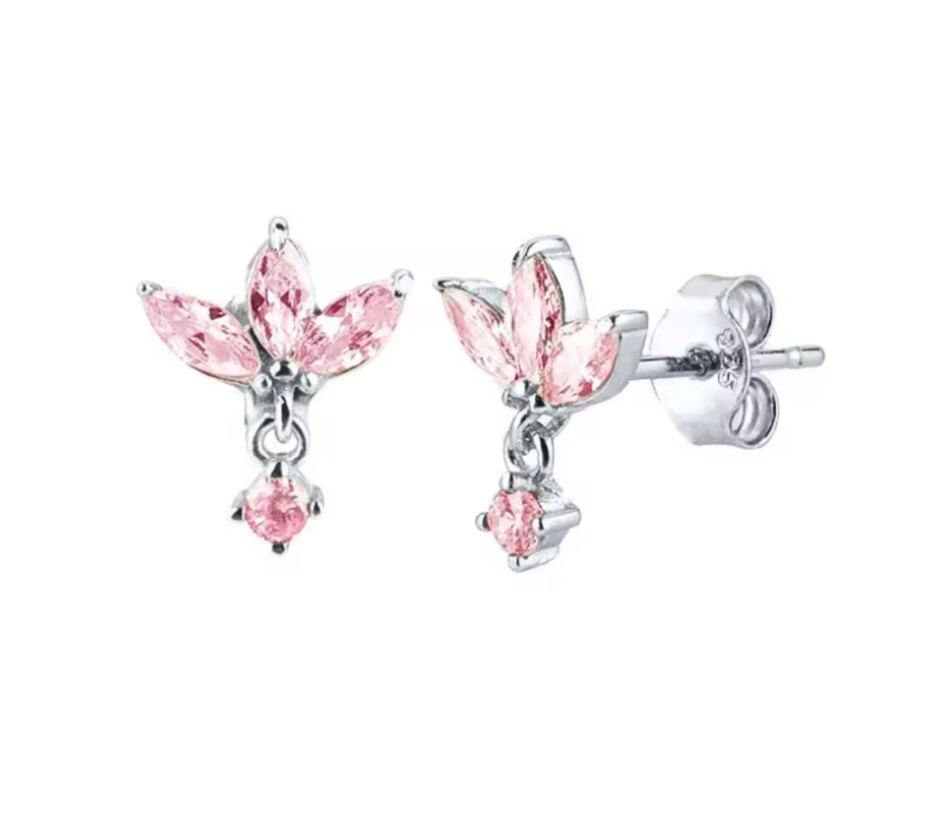 The Silver Mini Pink Flower Dangle Studs