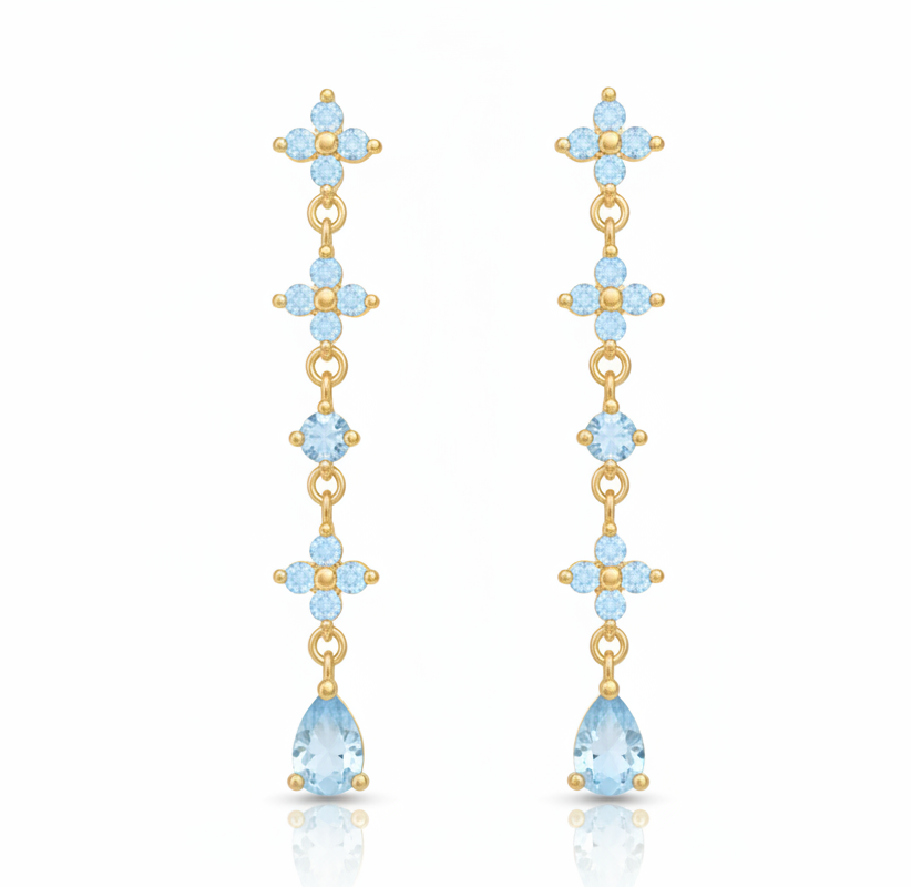 The Gold Pale Blue Flower Dangle Drop Stud Earrings