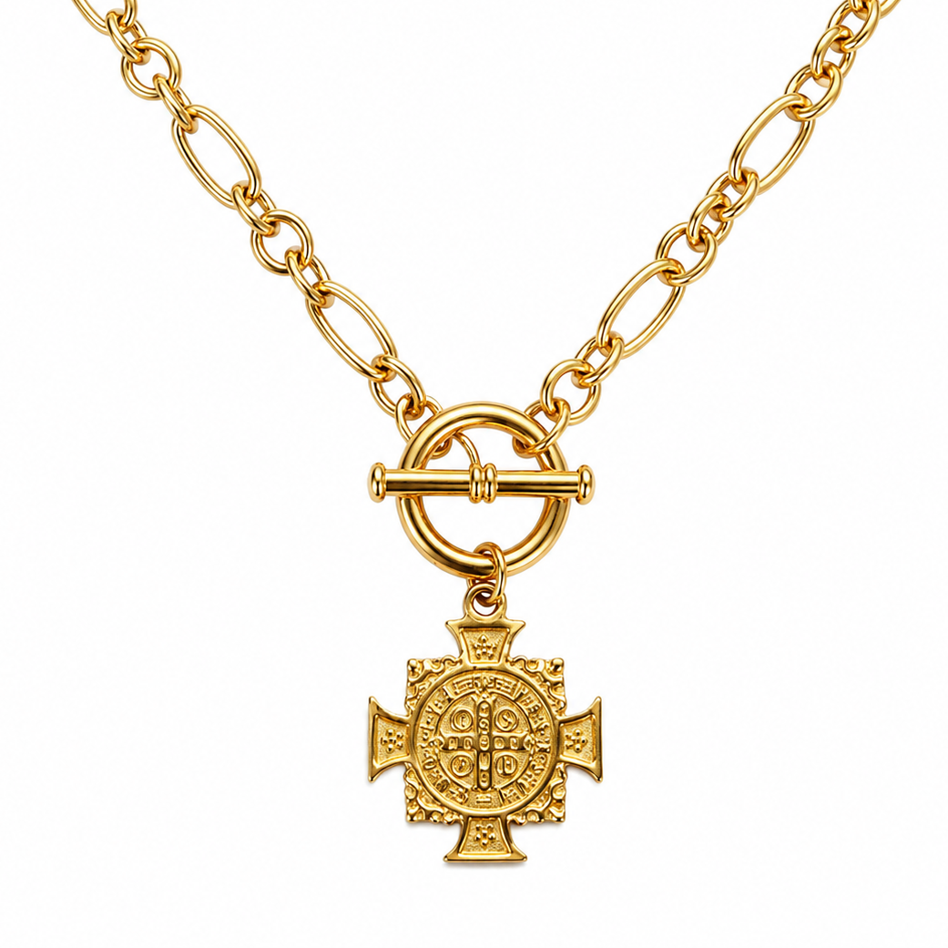 The Gold St Benedict Protection T-Bar Chain Necklace