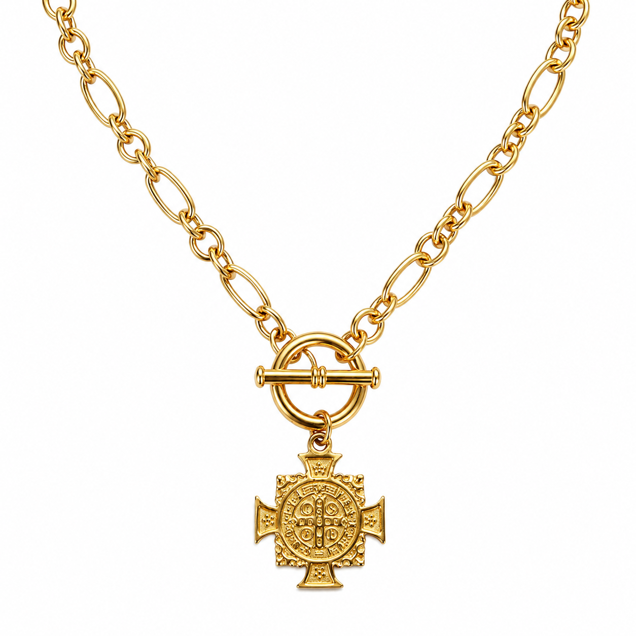 The Gold Saint Benedict Protection T-Bar Necklace